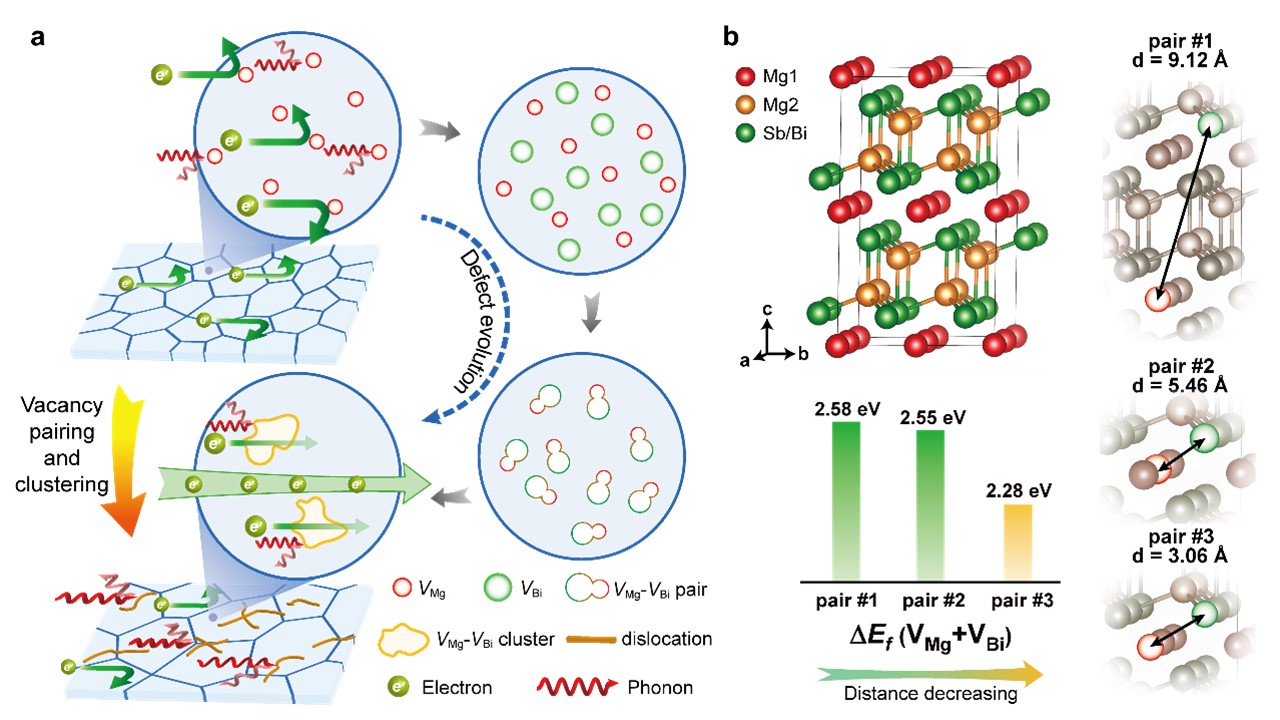 20230427- 通过引入Bi空位诱导复杂缺陷演化机制的示意图及不同构型的缺陷对的形成能-材料学院-图1.JPG