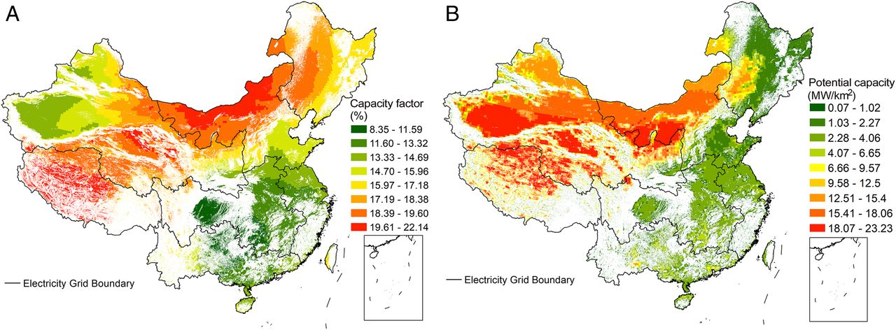 20211012-米兰milan官方网站环境学院、碳中和研究院、哈佛大学等联合团队系统解析我国太阳能发电平价路径与并网潜力-鲁玺-图1 光伏发电容量因子(A)及装机潜力(B)分布.jpg